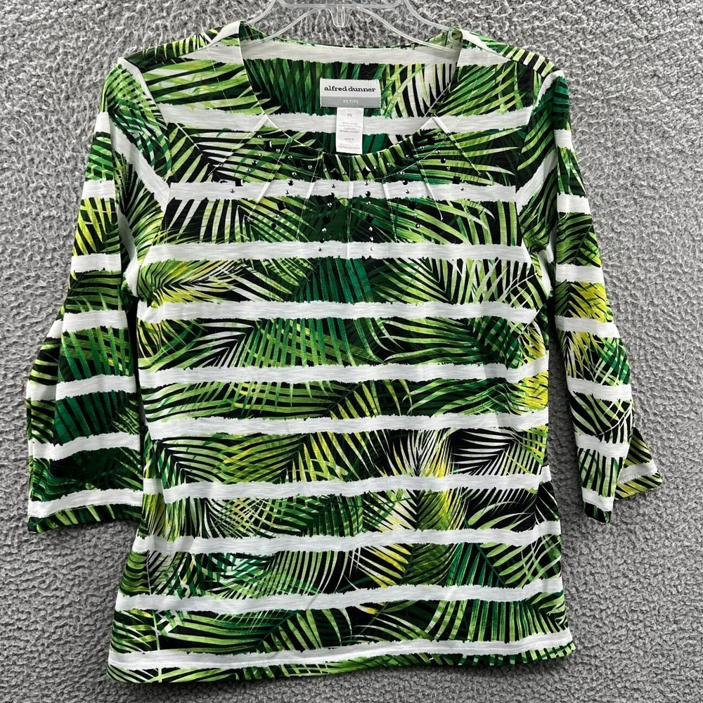 Women Tropical Leaf Knit Top Petite S Minimalist Stretch Coastal Resort Vacation